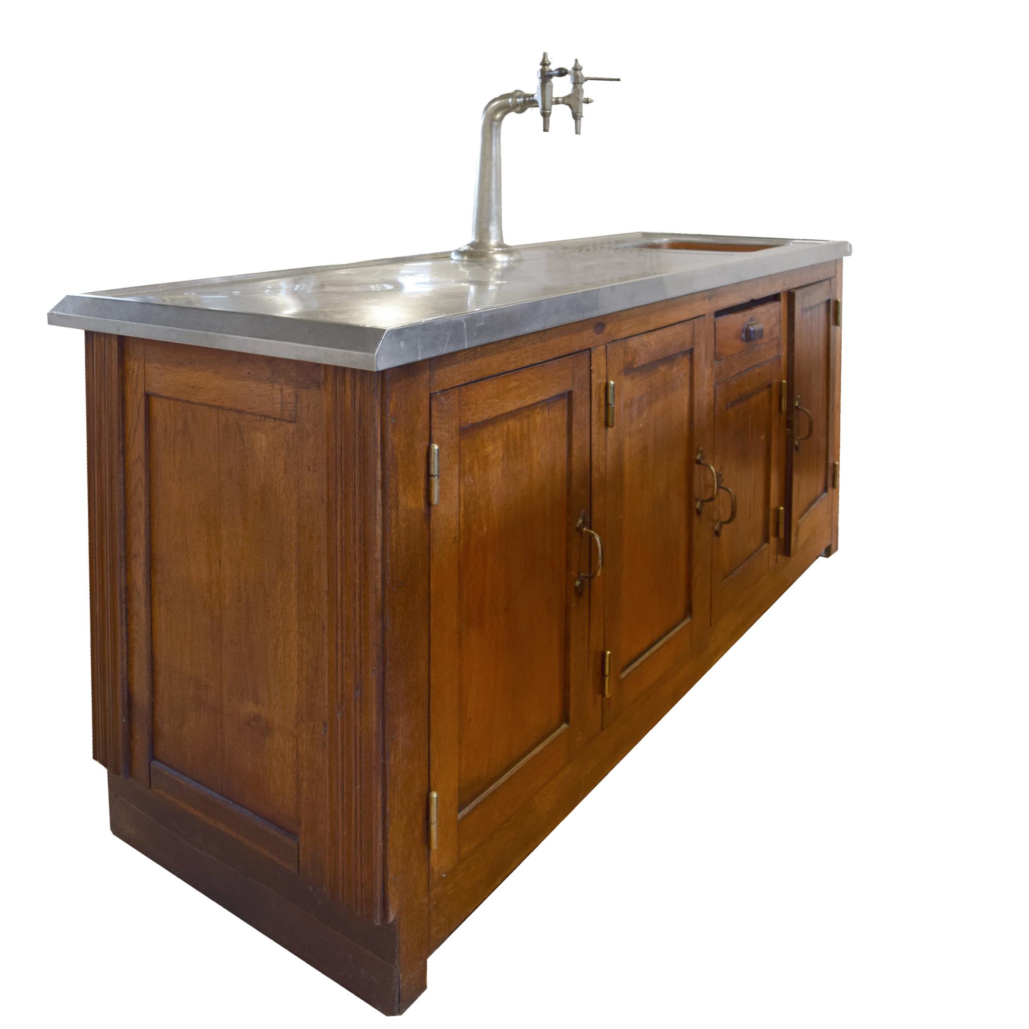 An Oak, Stainless Steel and Copper Cafe Bar 77.25" W x 26" D x 56" H — France, Circa 1920