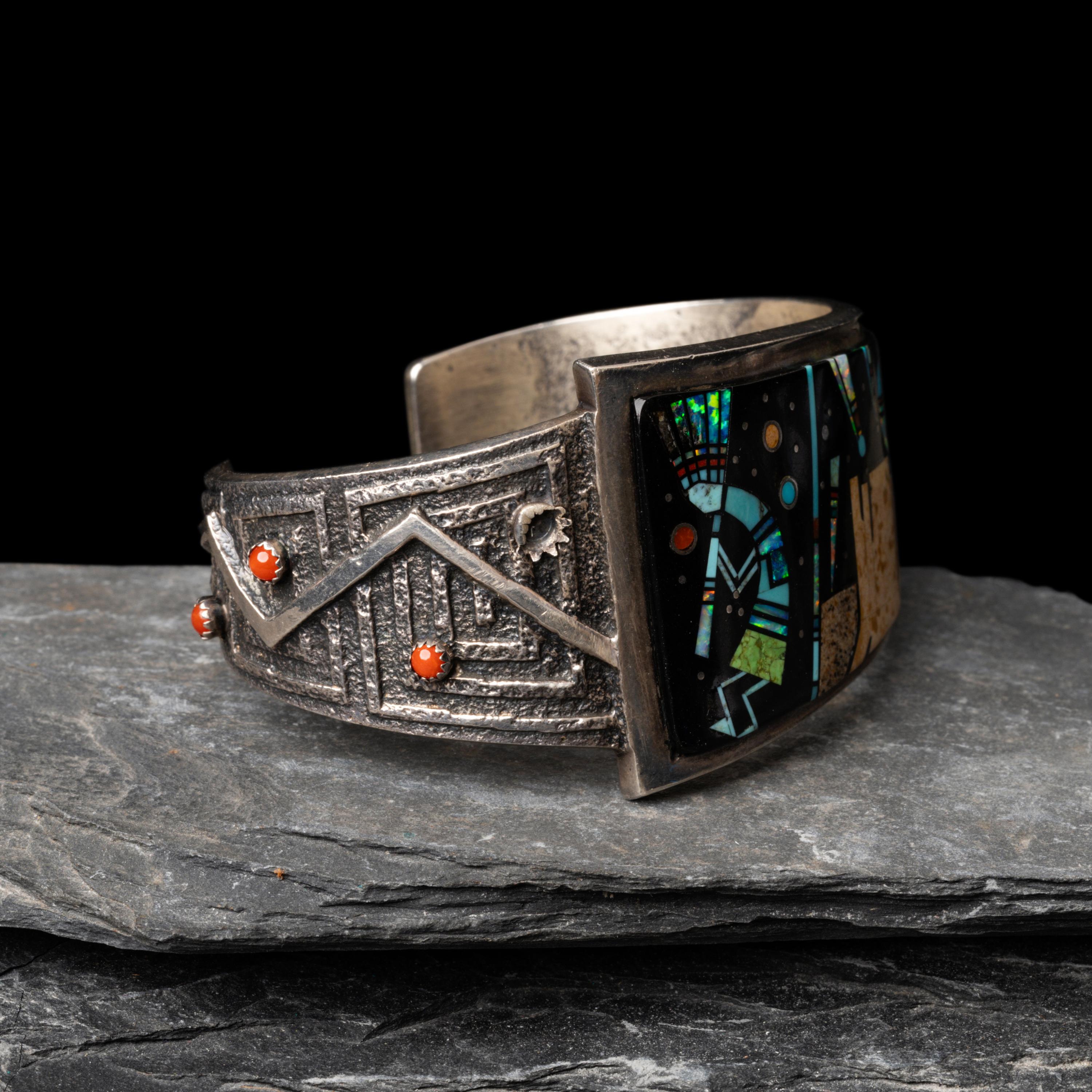 Aaron Anderson (Diné, b. 1970) — Silver Tufa Cast and Mosaic Inlay Cuff Bracelet