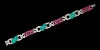 A Fine Art Deco Platinum, Diamond, Carved Emerald and Ruby Bead Bracelet, 22.30 dwts.