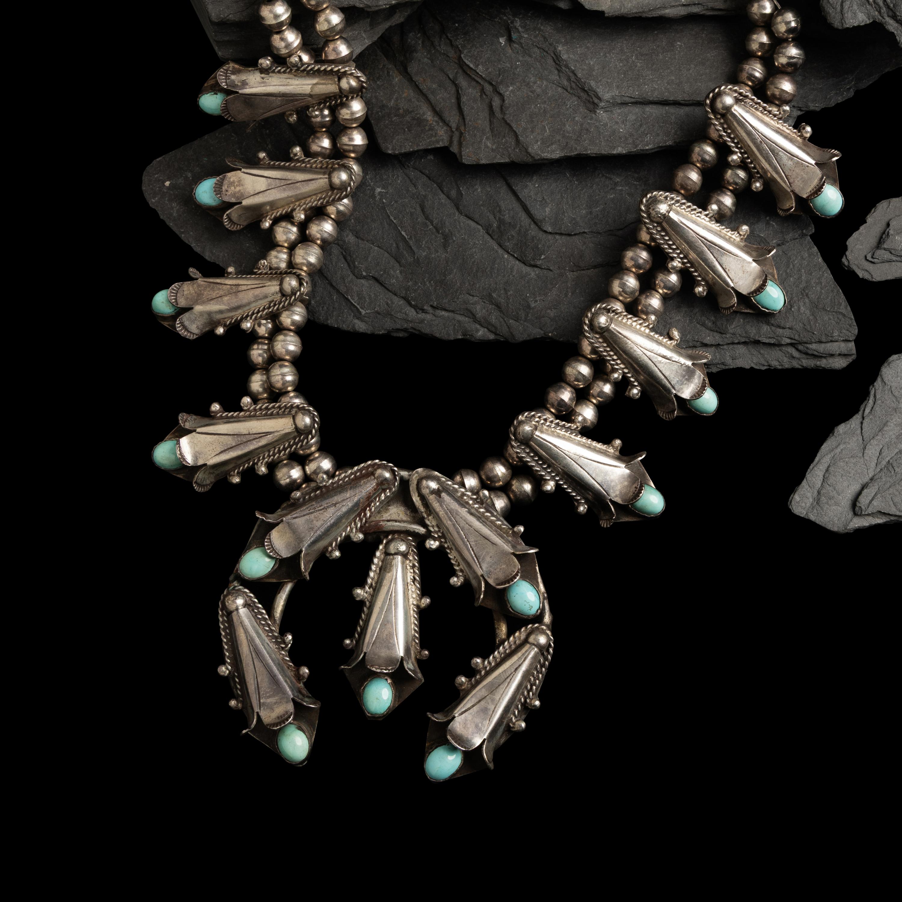 Navajo Silver and Turquoise Squash Blossom Necklace