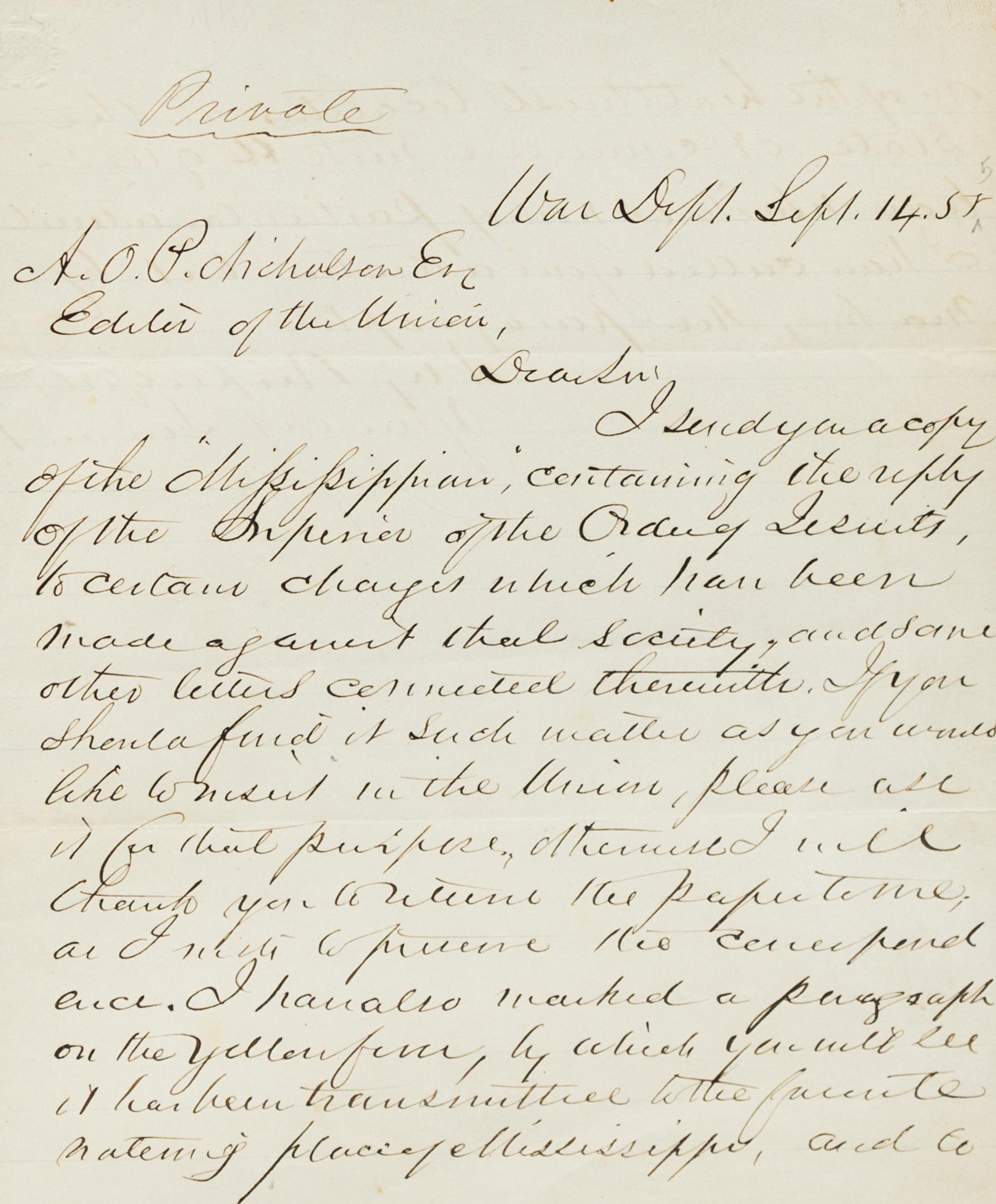 DAVIS, Jefferson (1808-1889). Autographed letter signed ("Jefferson Davis"), as Secretary of War, to A.O. Nicholson, 14 September 1855.