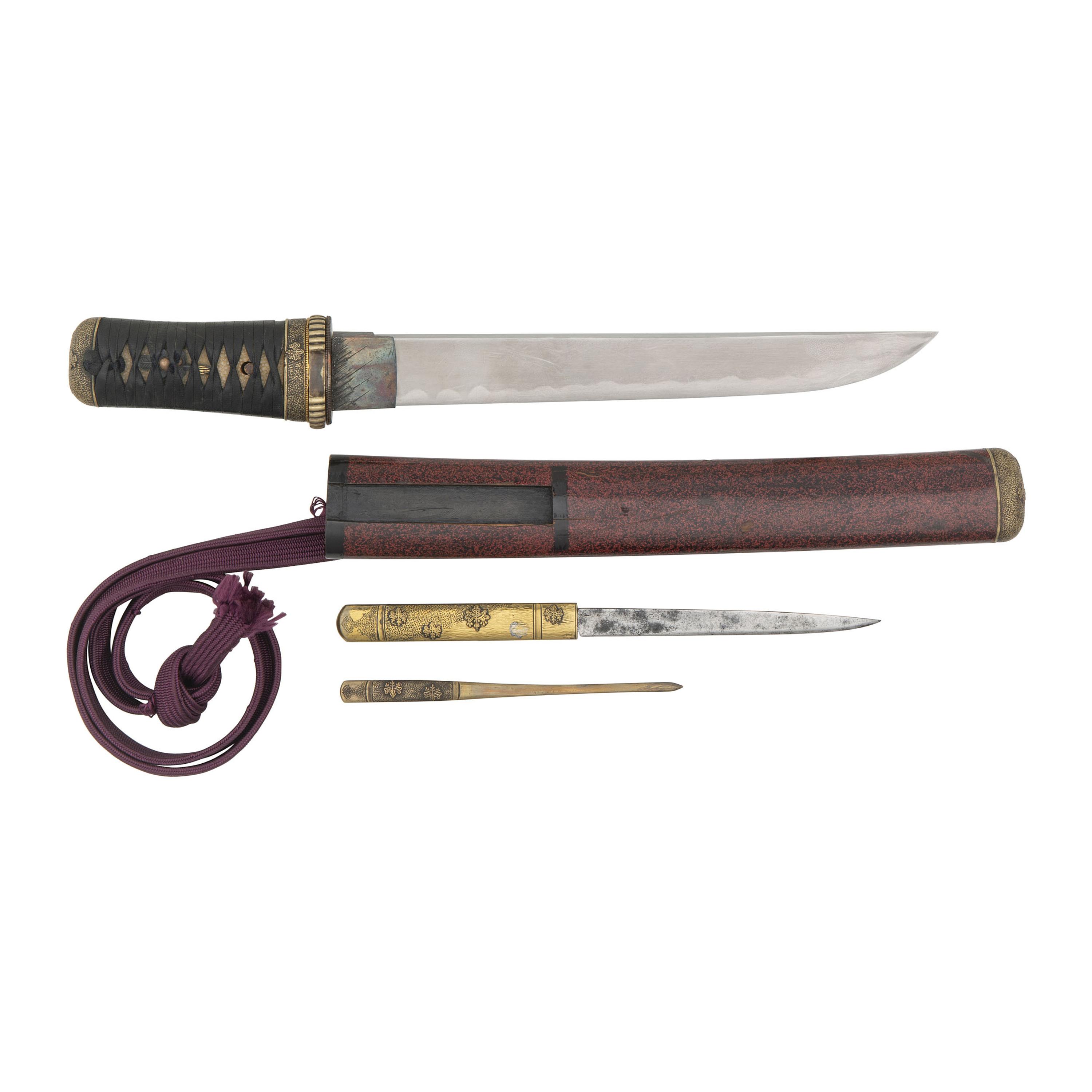 Signed Edo-Period Japanese Tanto with Attractive Mounts, Kogai and Kozuka