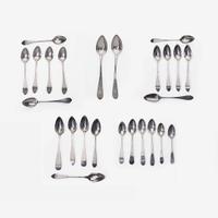 A large collection of twenty-five bird-back and fancy-back teaspoons Various makers, Lancaster, Reading, Philadelphia, PA, and Burlington, NJ, circa 1780-1820