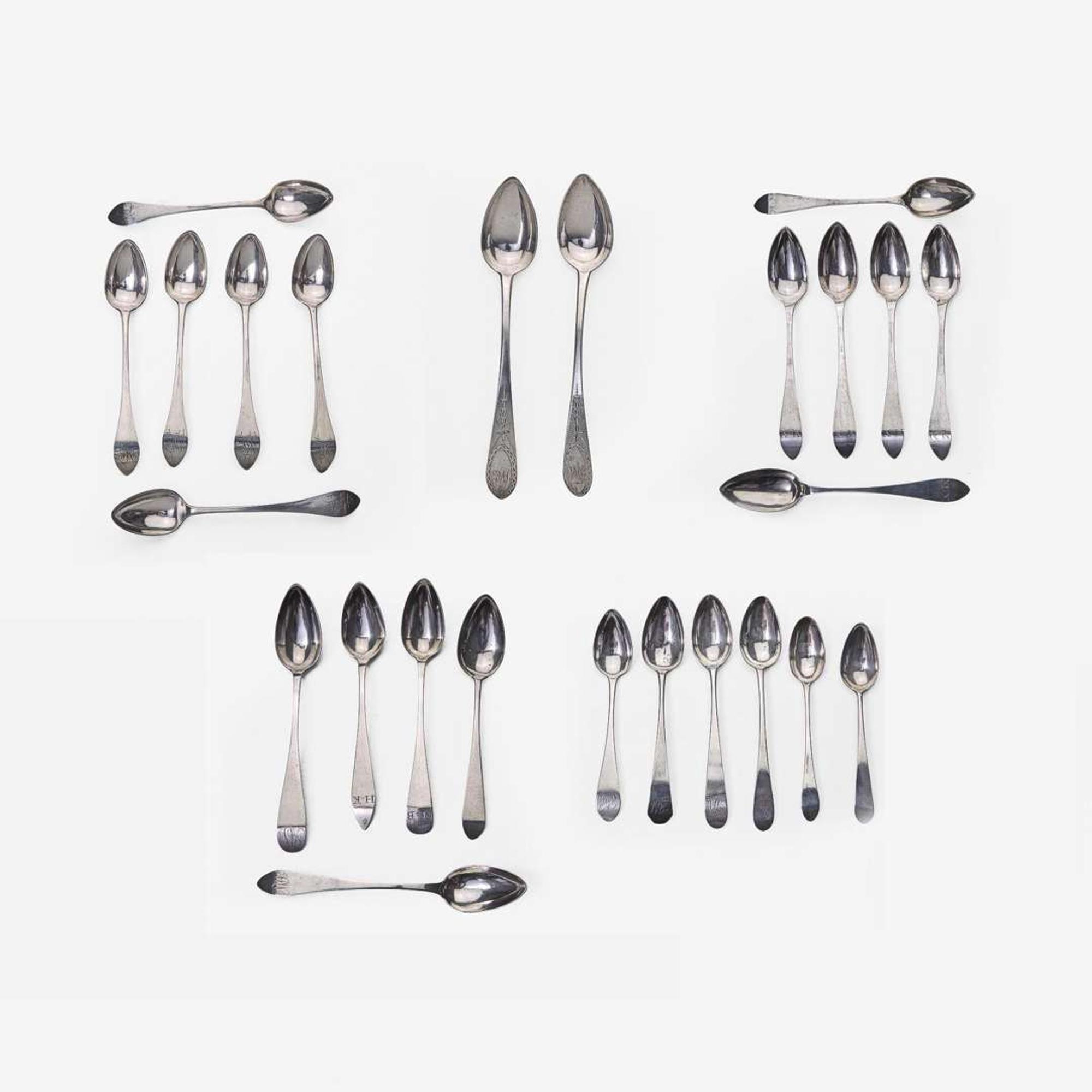 A large collection of twenty-five bird-back and fancy-back teaspoons Various makers, Lancaster, Reading, Philadelphia, PA, and Burlington, NJ, circa 1780-1820