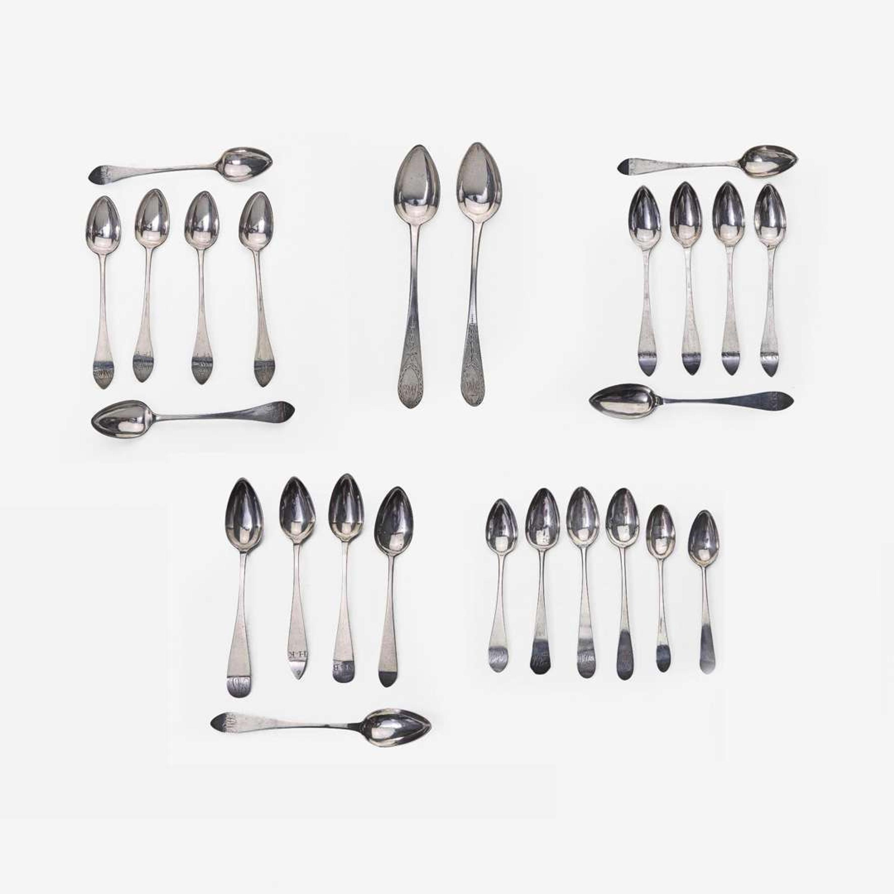A large collection of twenty-five bird-back and fancy-back teaspoons Various makers, Lancaster, Reading, Philadelphia, PA, and Burlington, NJ, circa 1780-1820
