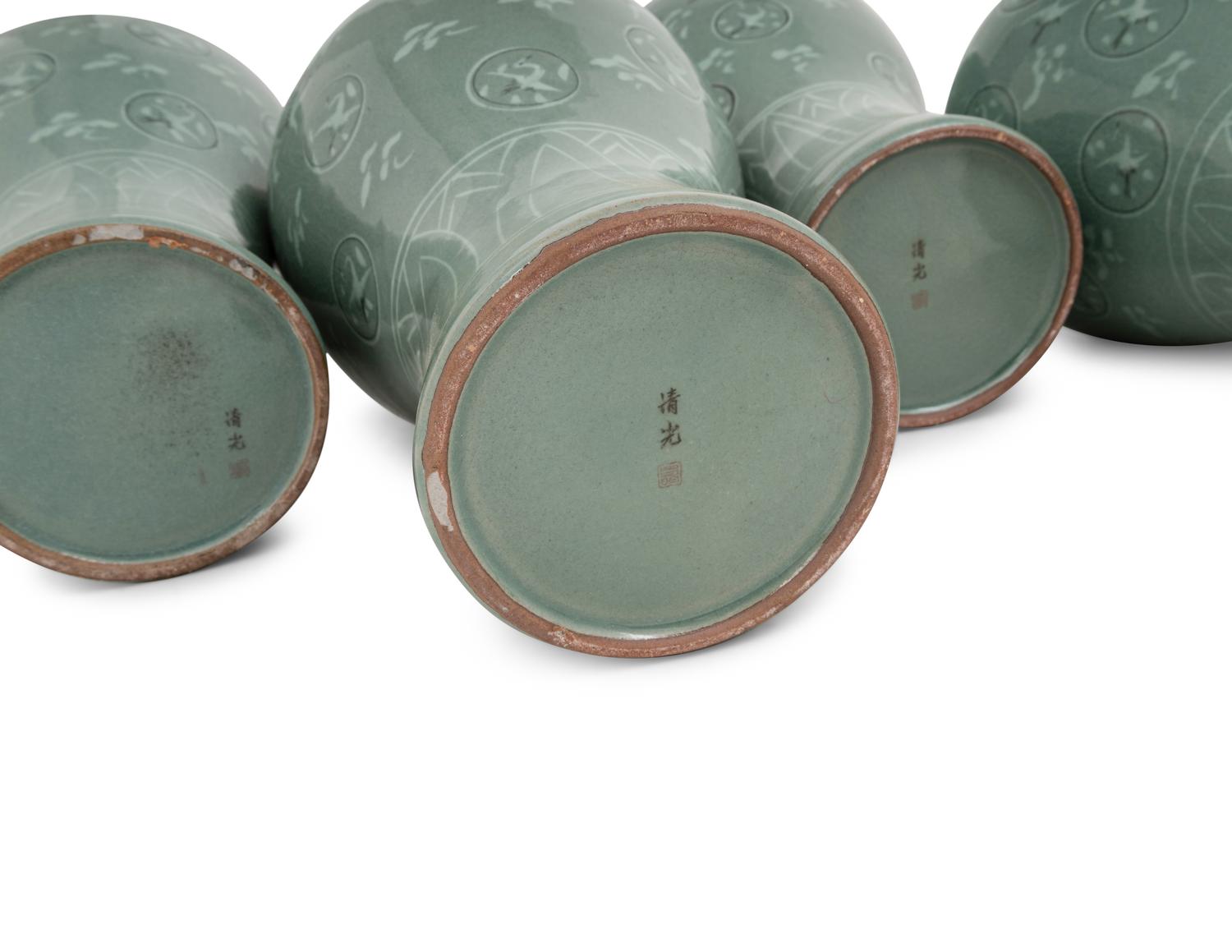 Five Korean Celadon Ground Porcelain 'Crane and Cloud' MaeByong Vases
