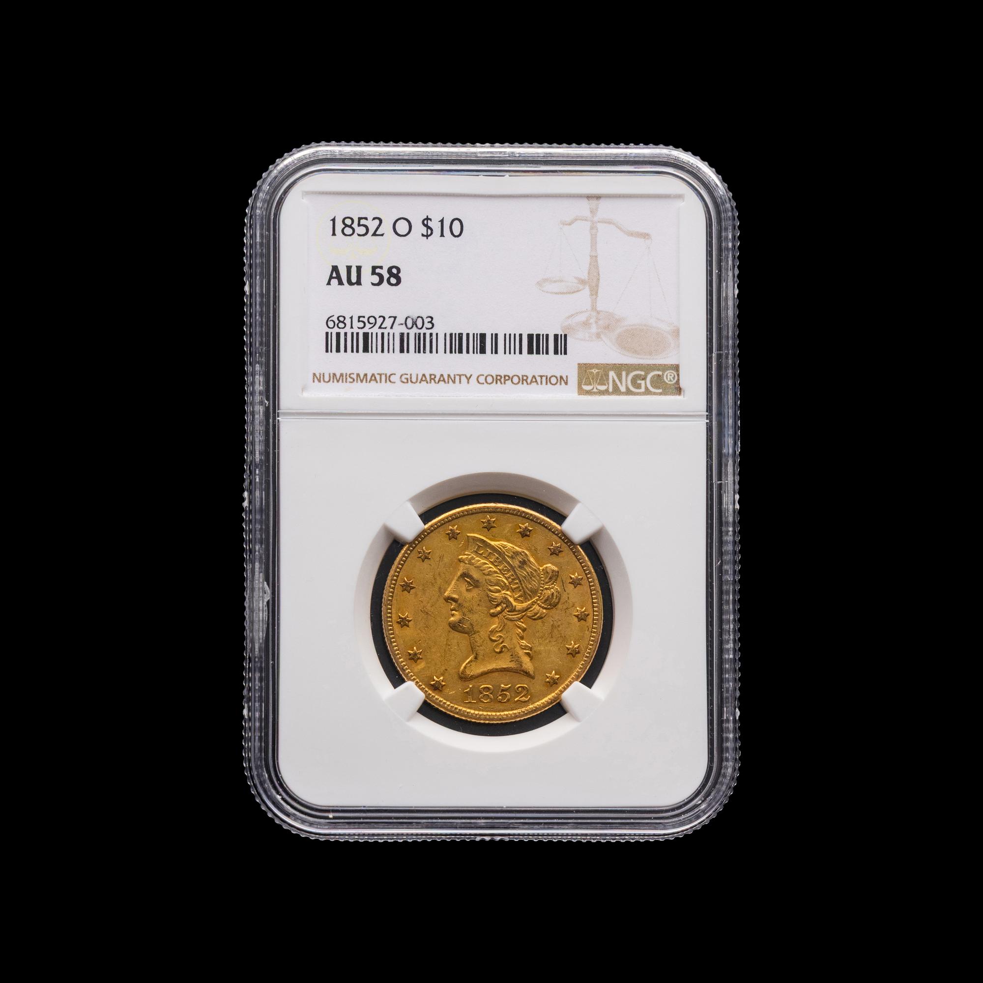 An 1852-O Liberty Head $10 Gold Coin [NGC AU58]