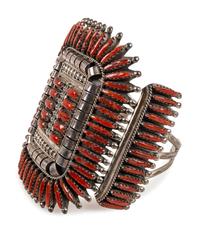 Zuni Sterling Silver and Coral Cluster Cuff Bracelet