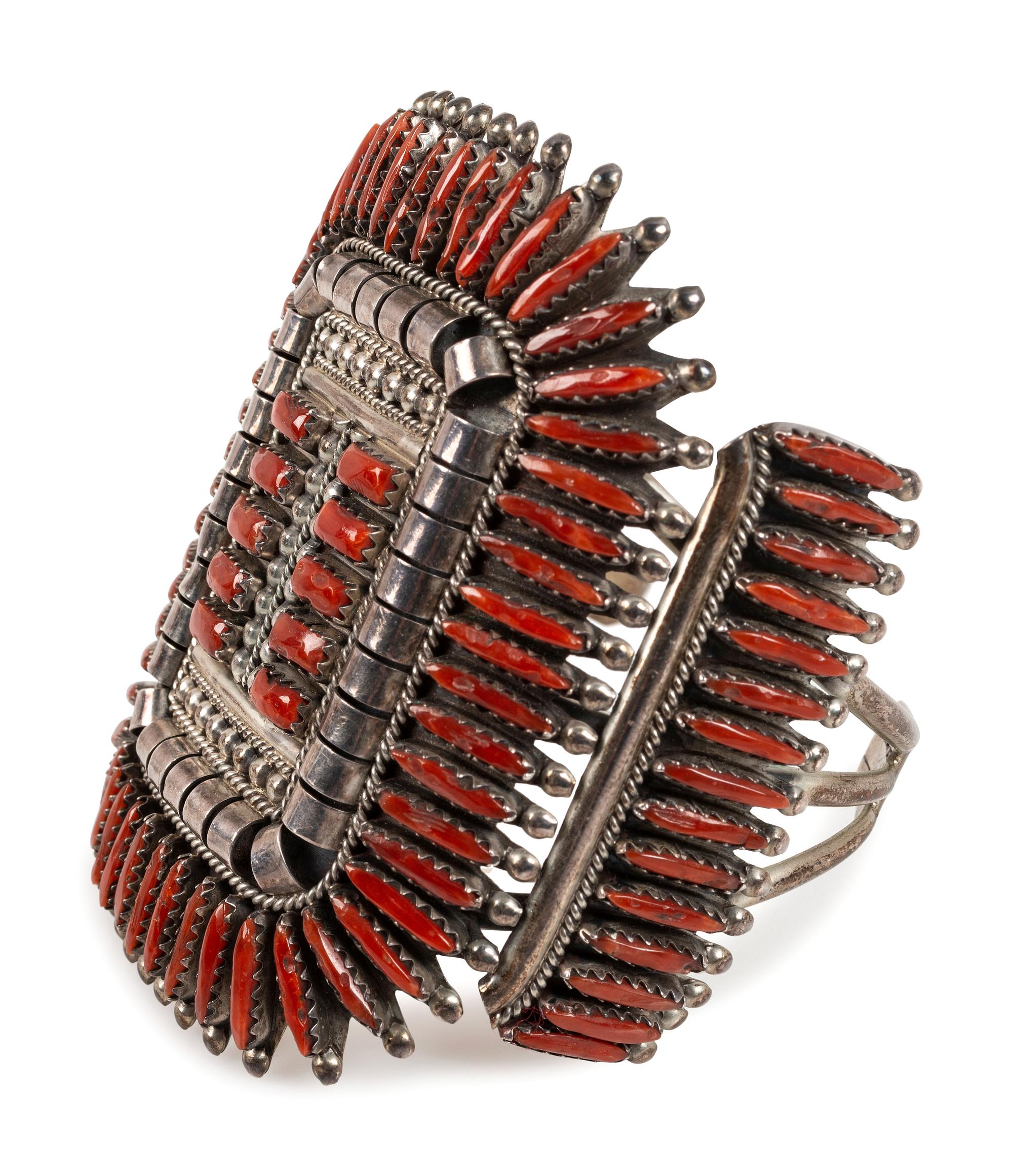 Zuni Sterling Silver and Coral Cluster Cuff Bracelet