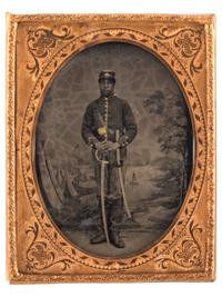 [CIVIL WAR]. Tintype of armed African American cavalryman.