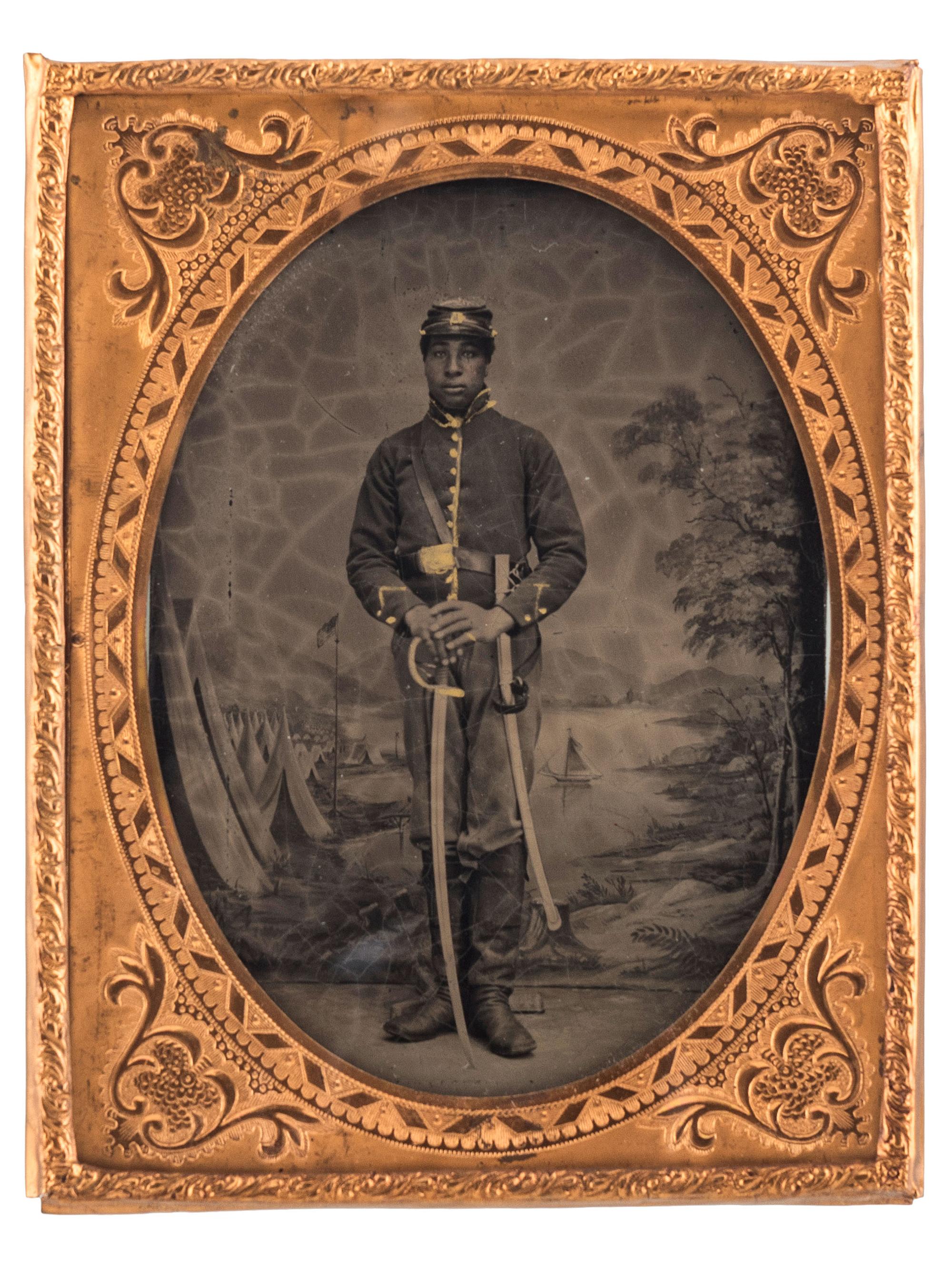 [CIVIL WAR]. Tintype of armed African American cavalryman.