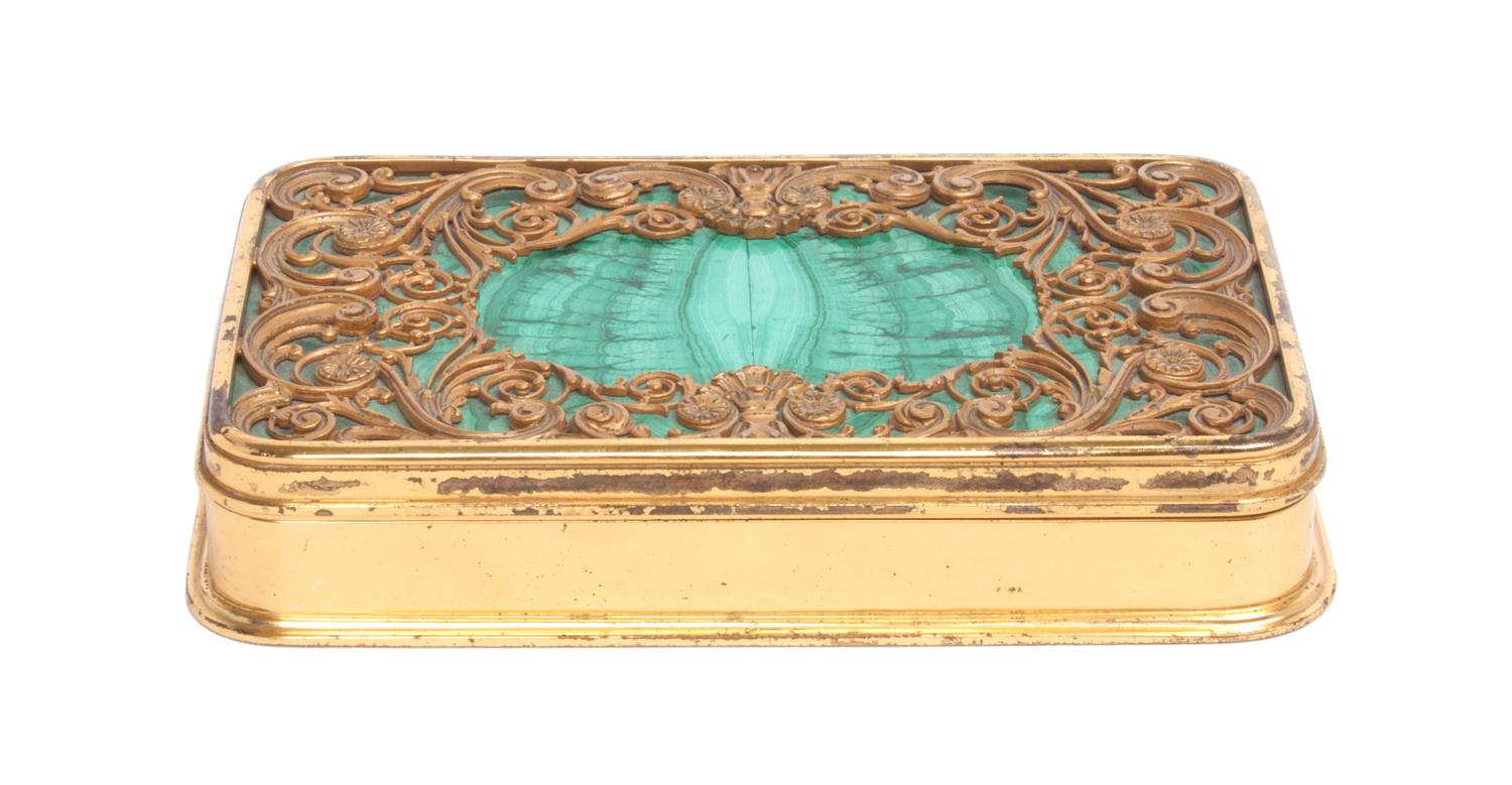 An Empire Malachite Inset Gilt Metal Table Casket Height 1 1/4 x width 7 1/4 x depth 4 1/2 inches.