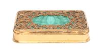 An Empire Malachite Inset Gilt Metal Table Casket Height 1 1/4 x width 7 1/4 x depth 4 1/2 inches.