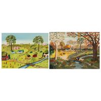 Grace McArthur (American, 1899–1986) — Landscapes with Streams, Figures and Homesteads, 2 works