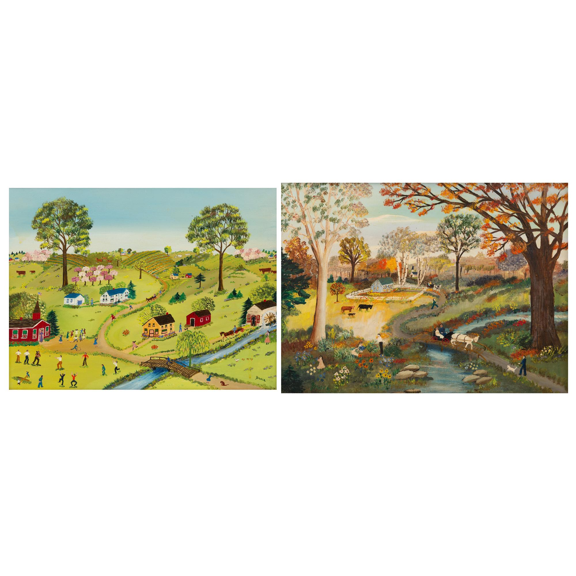 Grace McArthur (American, 1899–1986) — Landscapes with Streams, Figures and Homesteads, 2 works