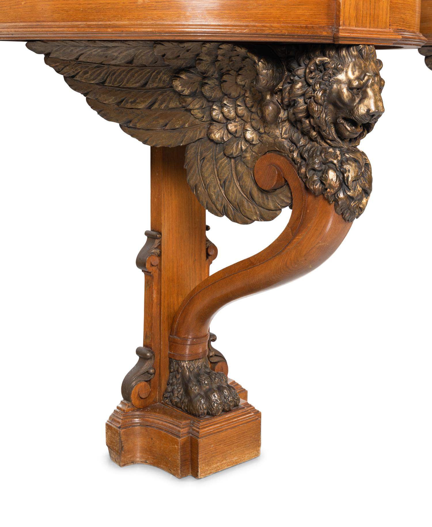 A Pair of North European Neoclassical Style Parcel-Gilt Oak Marble-Top Console Tables