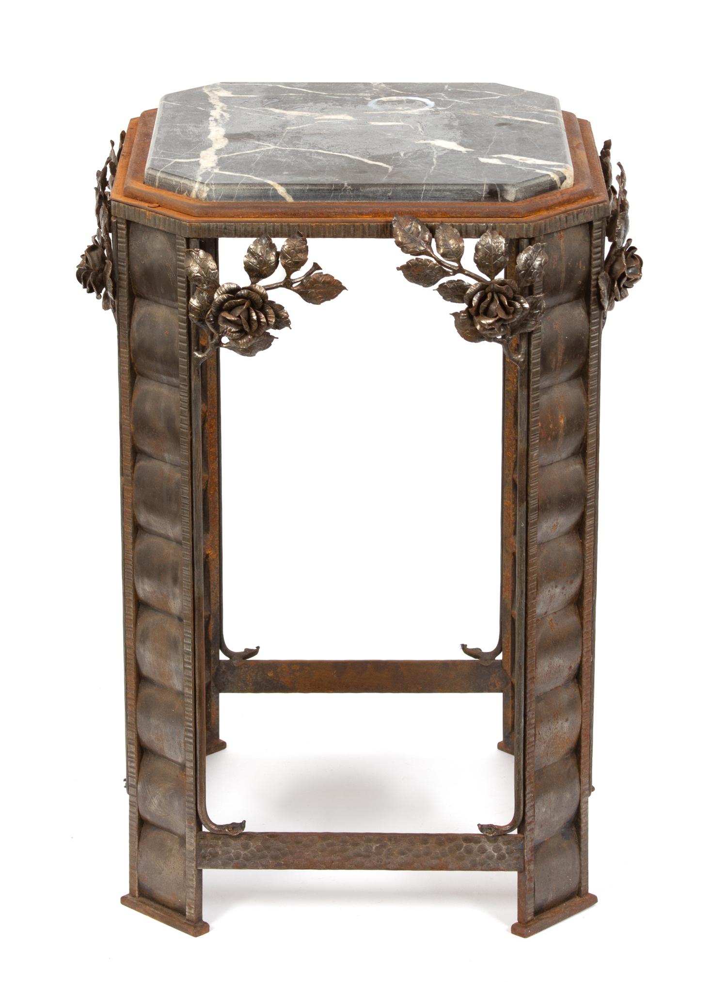An Art Deco Gilt Metal Marble Top Side Table Height 25 x diameter square 15 inches. — 20TH CENTURY
