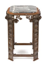 An Art Deco Gilt Metal Marble Top Side Table Height 25 x diameter square 15 inches. — 20TH CENTURY