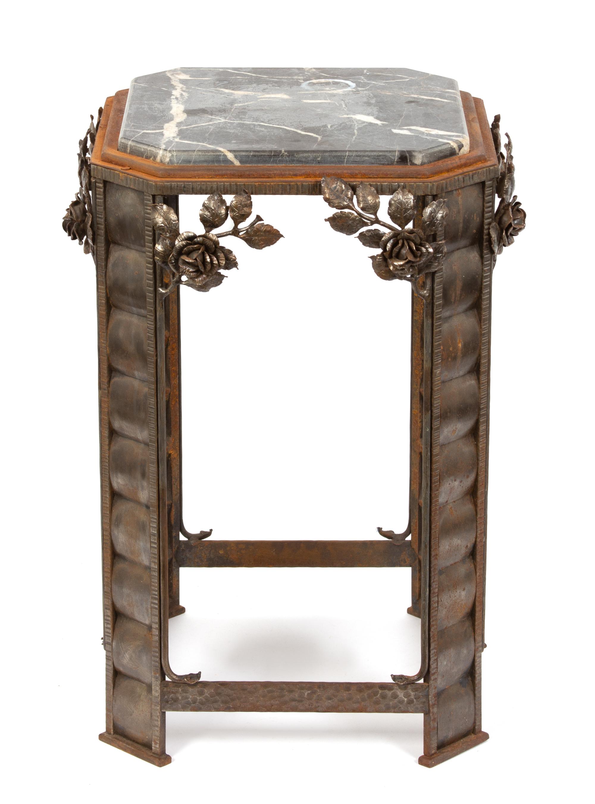 An Art Deco Gilt Metal Marble Top Side Table Height 25 x diameter square 15 inches. — 20TH CENTURY