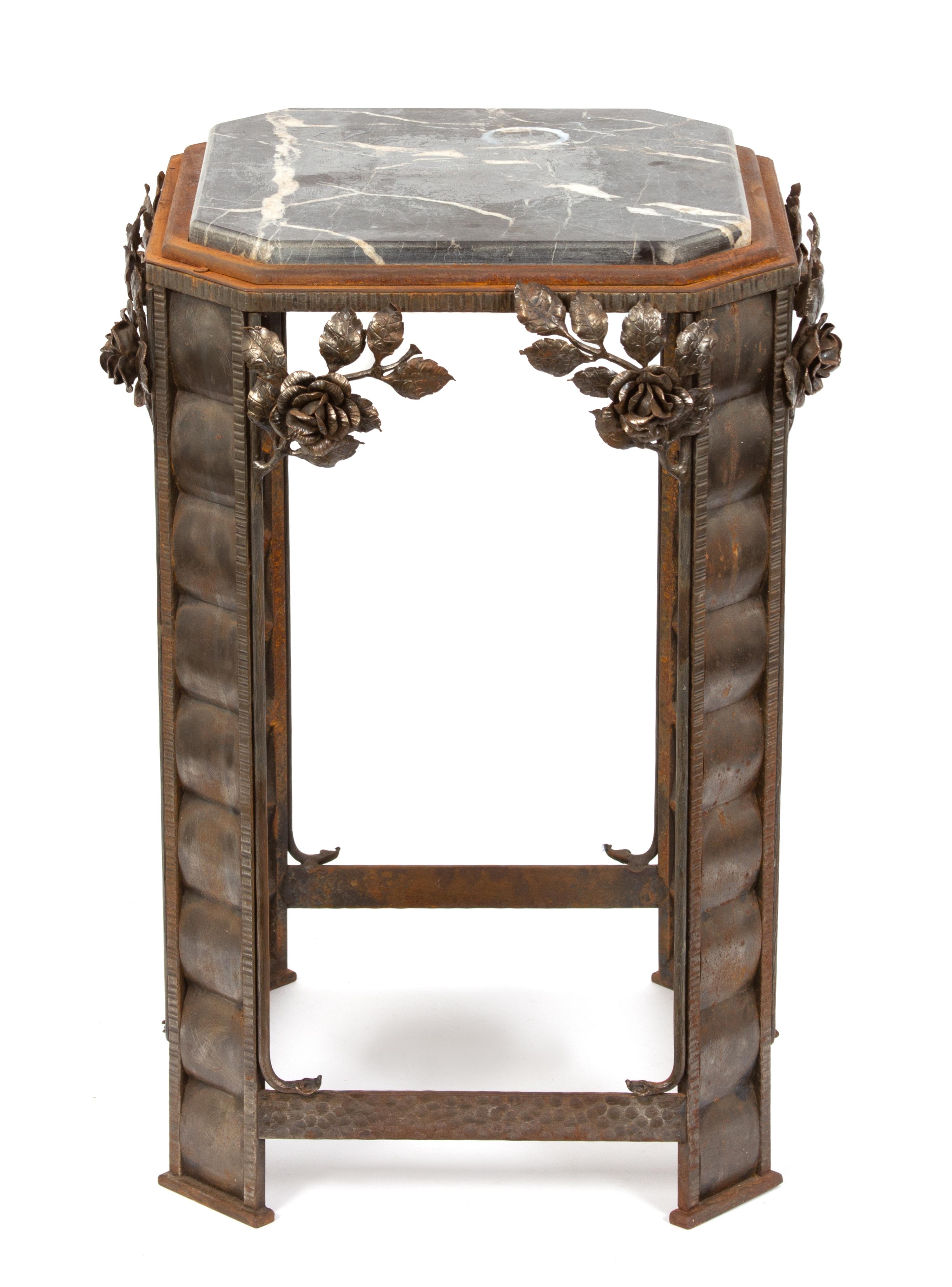 An Art Deco Gilt Metal Marble Top Side Table Height 25 x diameter square 15 inches. — 20TH CENTURY