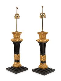 A Pair of Victorian Black-Painted and Parcel Gilt Table Lamps