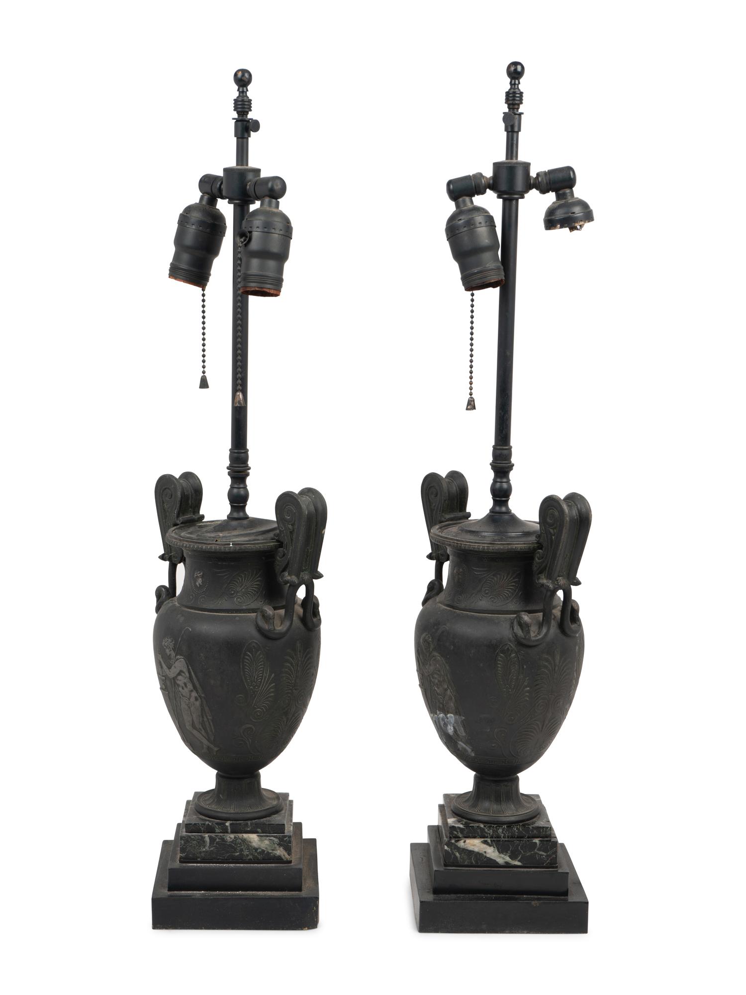 A Pair of Grand Tour Cast Metal Urns Mounted as Lamps with Marble Bases