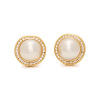 MABE CULTURED PEARL AND DIAMOND EARCLIPS