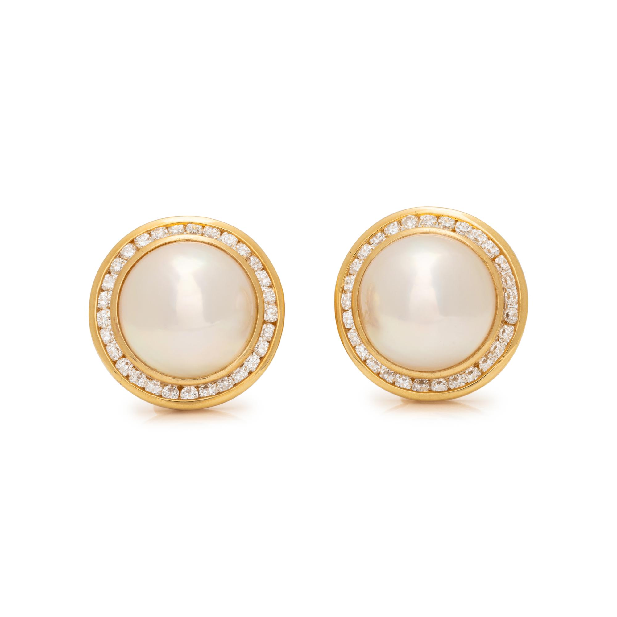 MABE CULTURED PEARL AND DIAMOND EARCLIPS