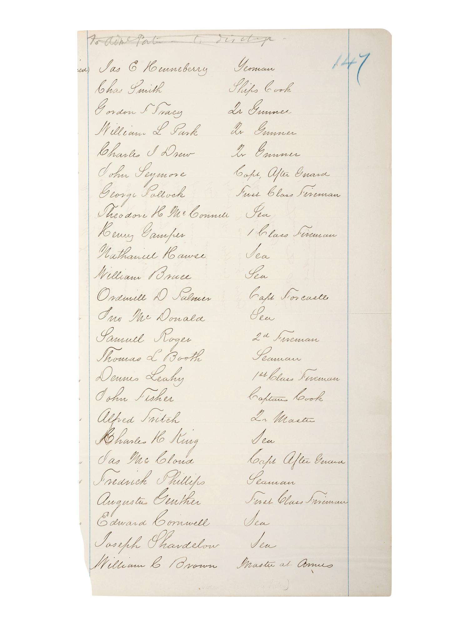 [CIVIL WAR - NAVY]. PORTER, David Dixon (1813-1891). Autograph endorsement signed ("David D. Porter / Rear Aml") on verso of document written on behalf of and listing 25 crew members of the US Ironclad Steamer " Essex ."