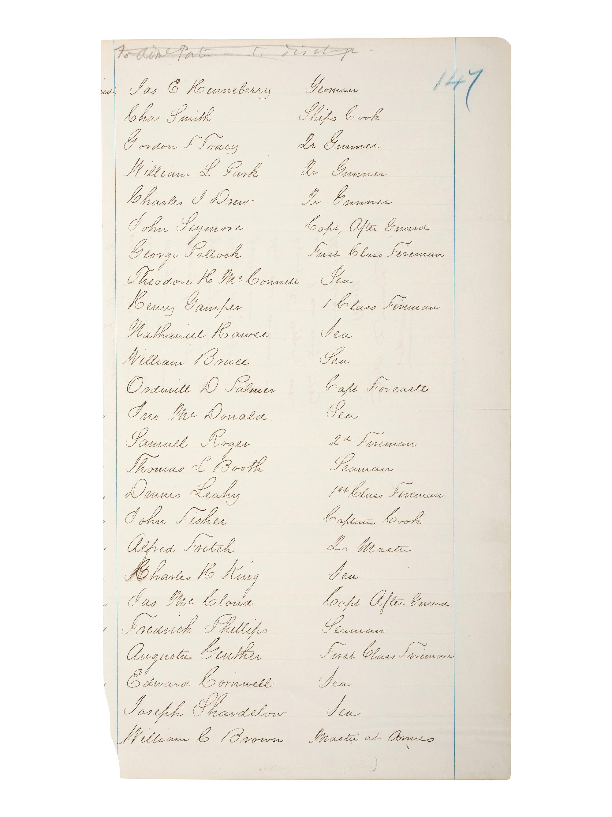 [CIVIL WAR - NAVY]. PORTER, David Dixon (1813-1891). Autograph endorsement signed ("David D. Porter / Rear Aml") on verso of document written on behalf of and listing 25 crew members of the US Ironclad Steamer " Essex ."