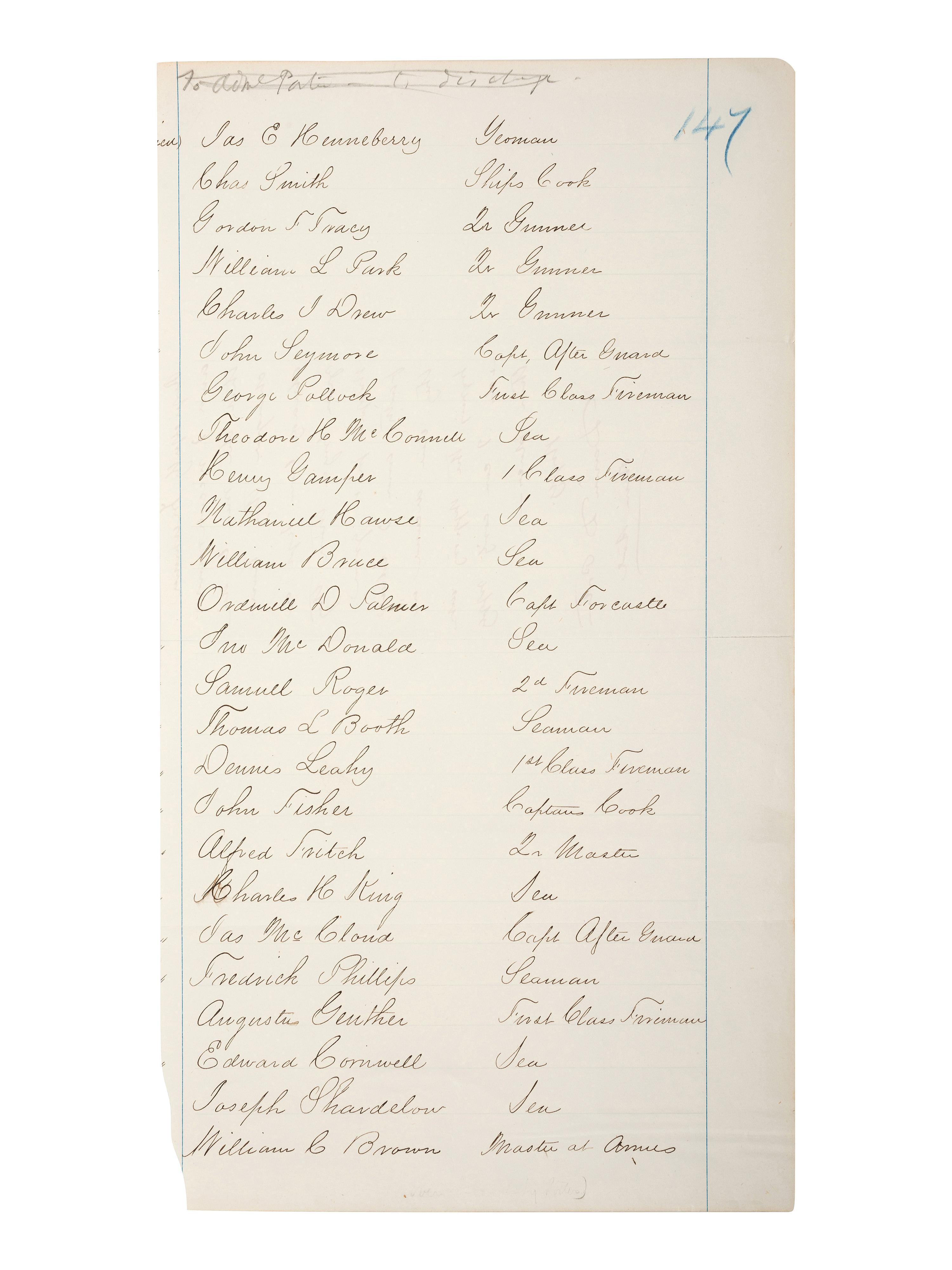 [CIVIL WAR - NAVY]. PORTER, David Dixon (1813-1891). Autograph endorsement signed ("David D. Porter / Rear Aml") on verso of document written on behalf of and listing 25 crew members of the US Ironclad Steamer " Essex ."