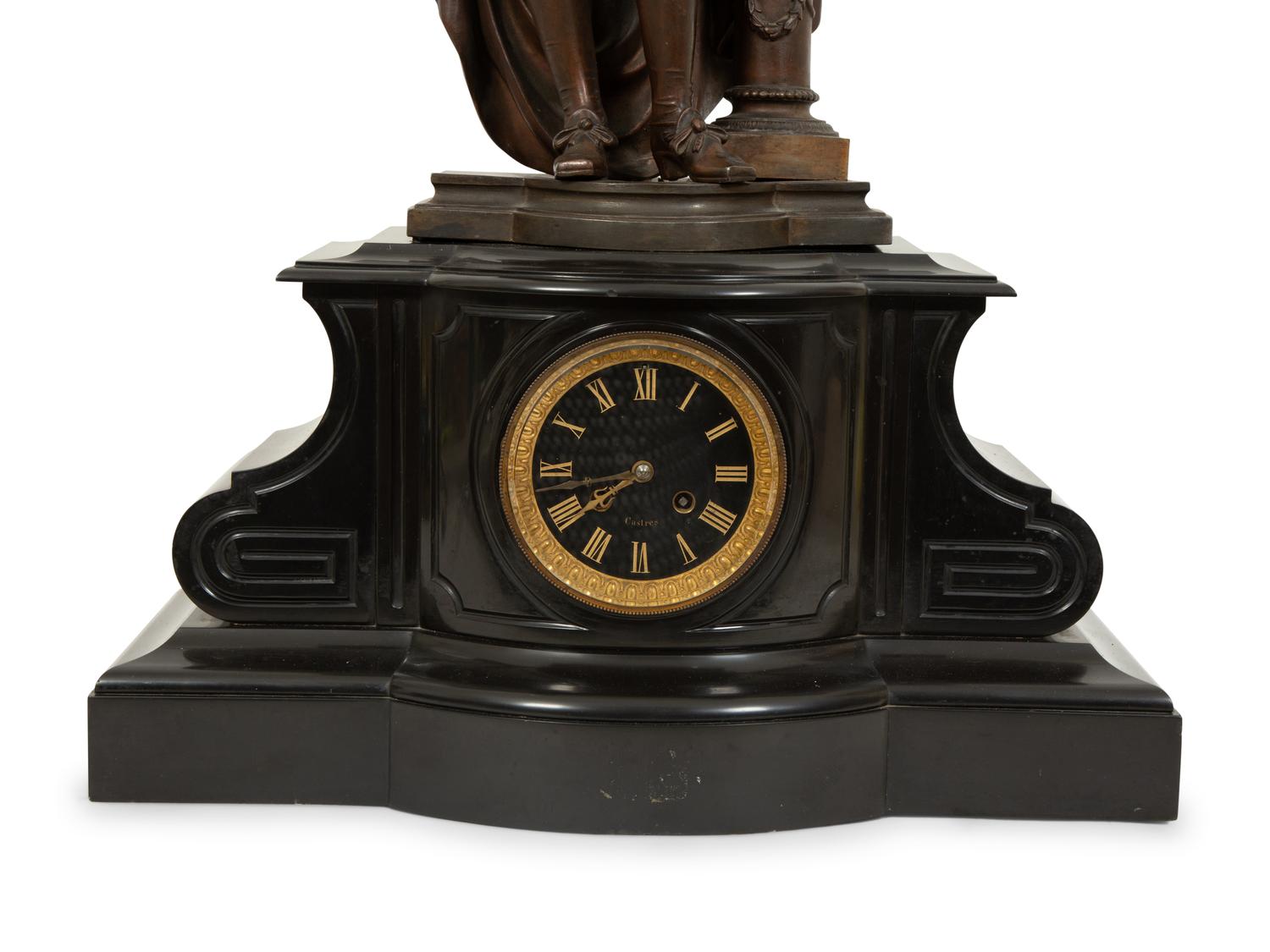 A French Black Marble and Cast Metal Figural Mantel Clock