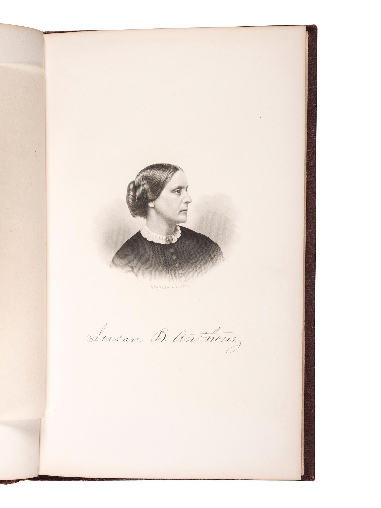 [WOMEN'S SUFFRAGE]. STANTON, Elizabeth Cady, Susan B. ANTHONY, and Matilda Joslyn GAGE, editors. History of Woman Suffrage. New York: Fowler & Wells, 1881. SALESMAN'S OR EDITOR'S COPY OF VOLUME I, SIGNED BY SUSAN B. ANTHONY.