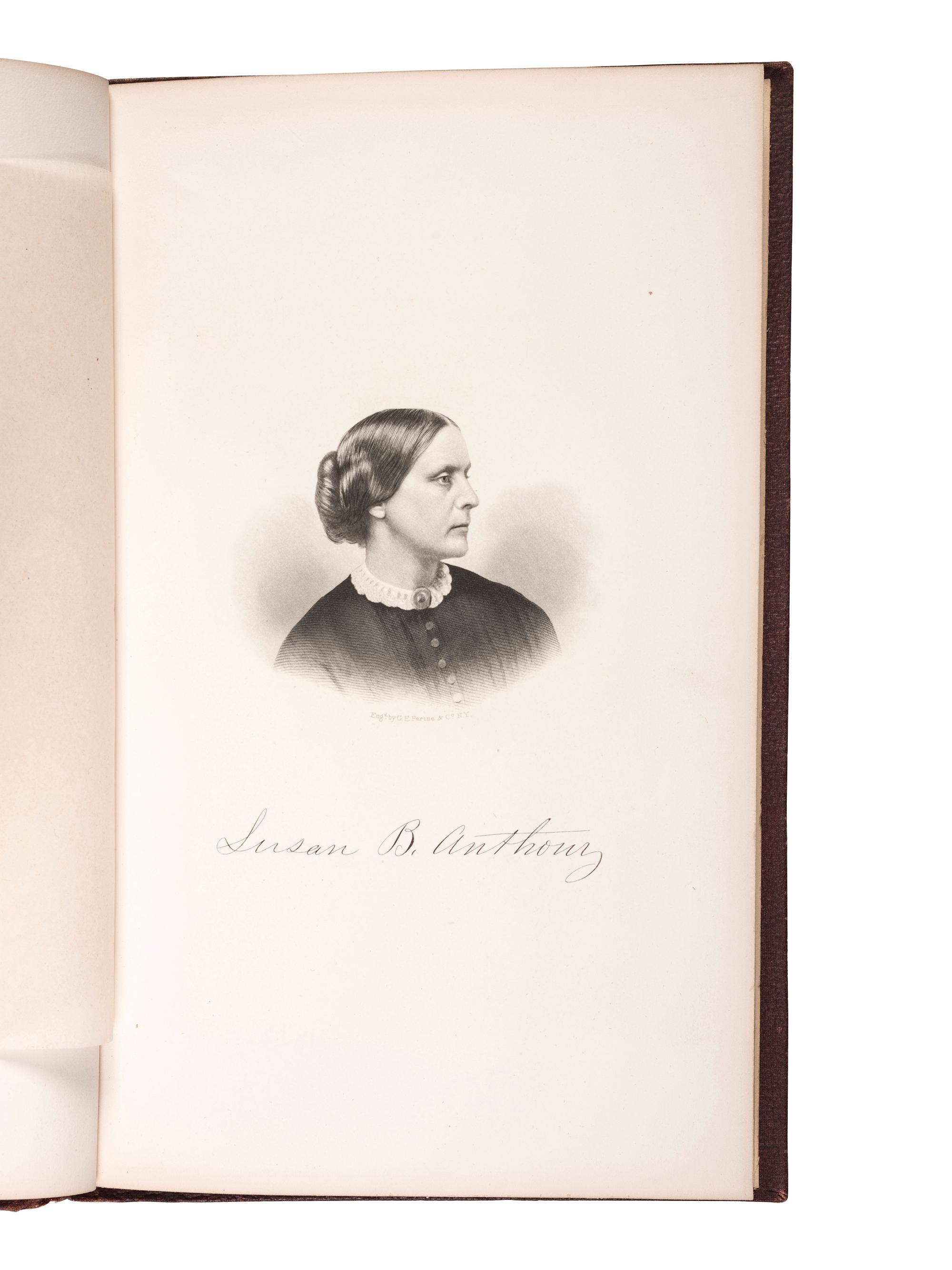 [WOMEN'S SUFFRAGE]. STANTON, Elizabeth Cady, Susan B. ANTHONY, and Matilda Joslyn GAGE, editors. History of Woman Suffrage. New York: Fowler & Wells, 1881. SALESMAN'S OR EDITOR'S COPY OF VOLUME I, SIGNED BY SUSAN B. ANTHONY.