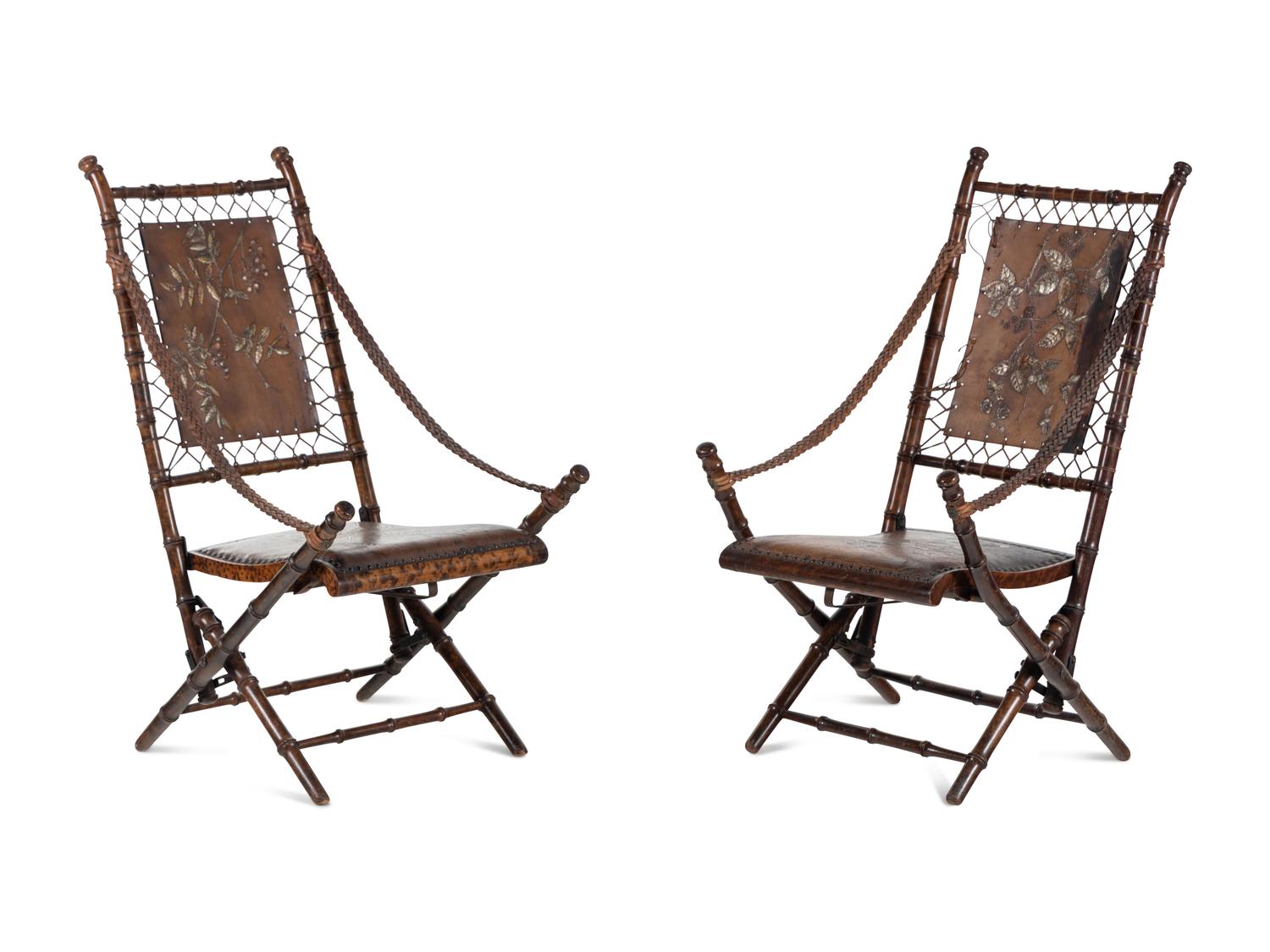 A Pair of English Aesthetic Movement Walnut Folding Chairs