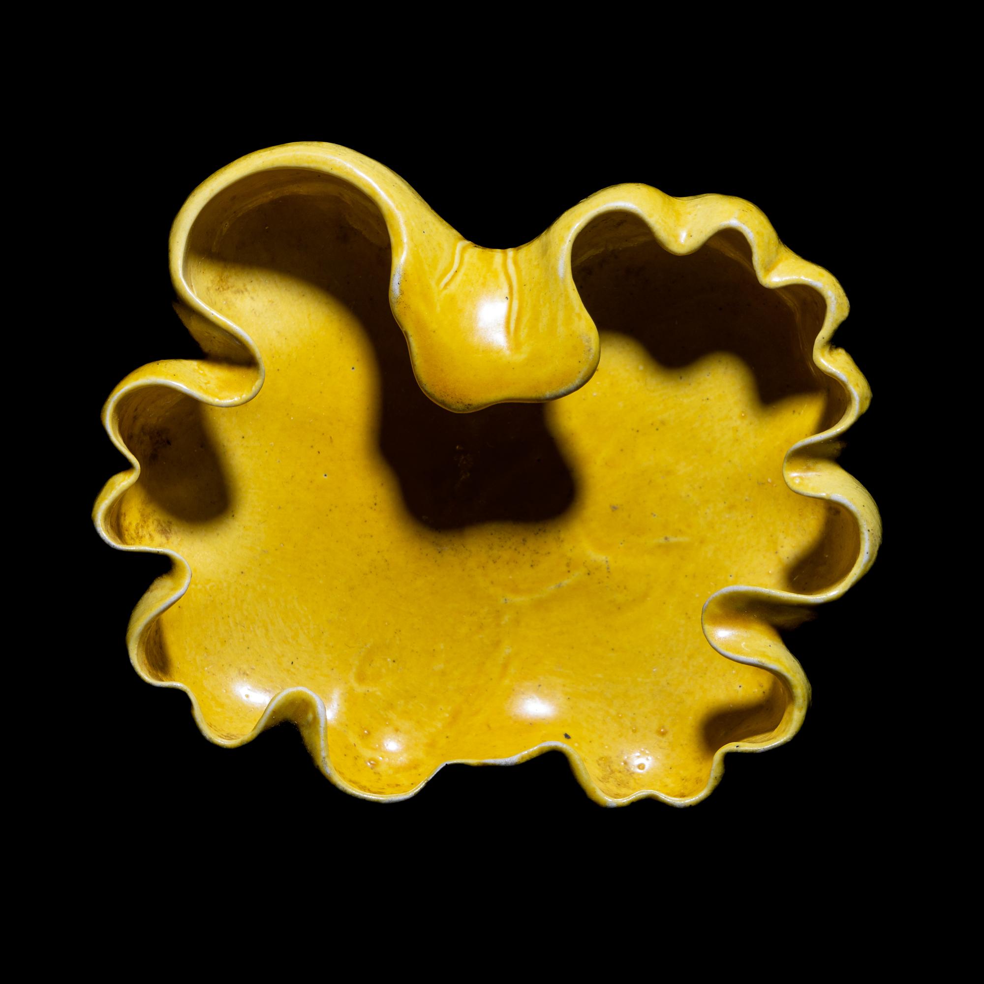 A Chinese Yellow Glazed Porcelain Lotus Leaf-Form Ink Palette