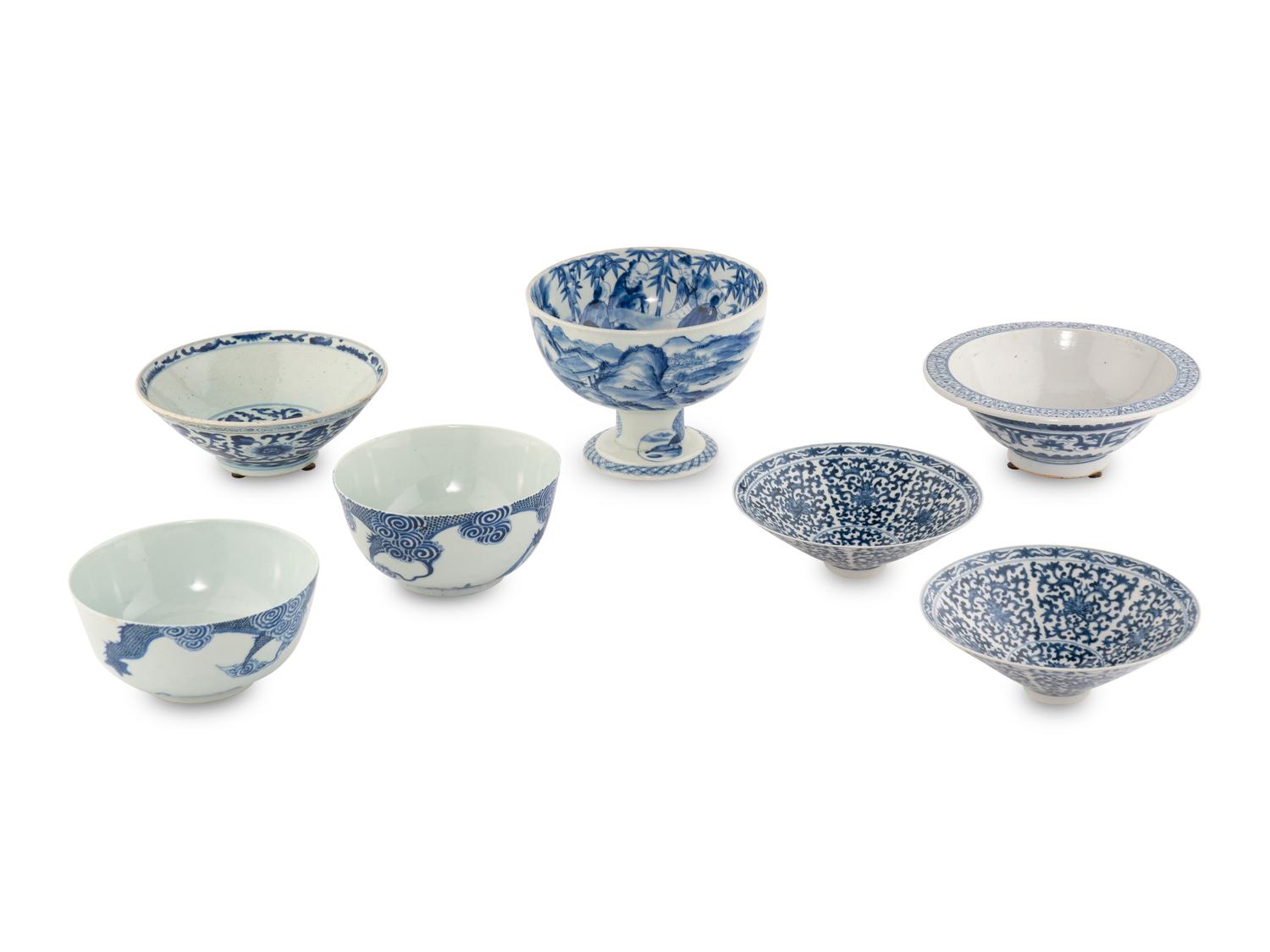 Seven Chinese Blue and White Porcelain Bowls
