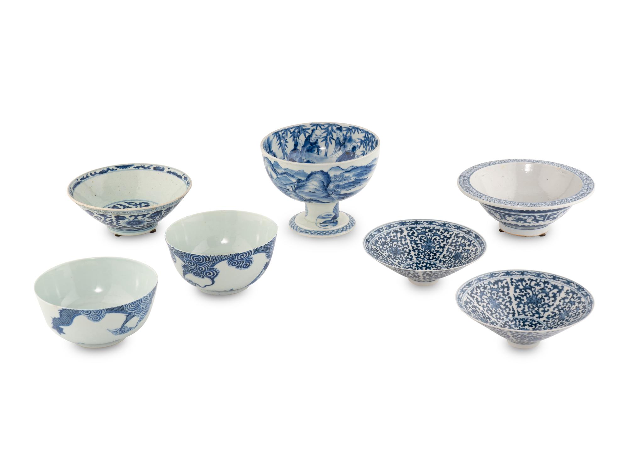 Seven Chinese Blue and White Porcelain Bowls