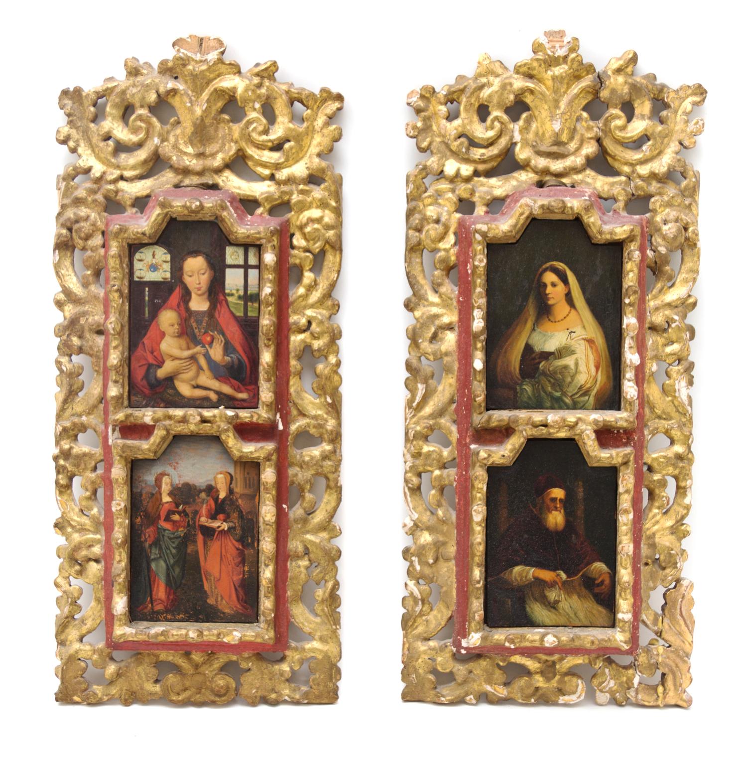 A Set of Four Continental Ecclesiastical Paintings on Wood, Height overall 24 1/8 x width 11 inches.