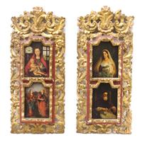 A Set of Four Continental Ecclesiastical Paintings on Wood, Height overall 24 1/8 x width 11 inches.