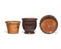 Two Glazed and Incised Redware Flower Pots and a Flower Pot Saucer, Willoughby Smith, Womelsdorf, Pennsylvania, and Others, Late 19th Century