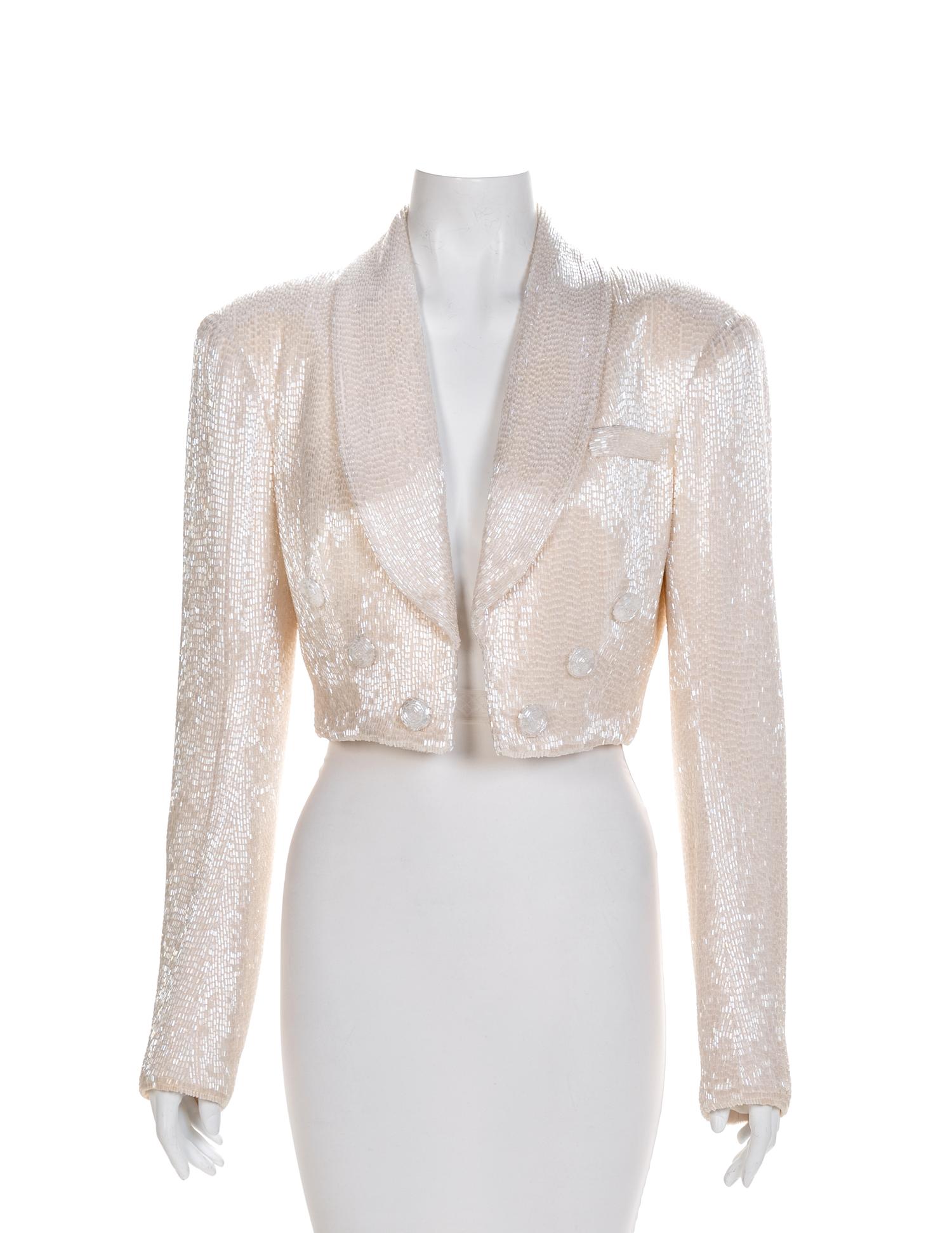 White Glass Beaded Cropped Tuxedo Jacket, 1980-90s No size label