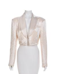 White Glass Beaded Cropped Tuxedo Jacket, 1980-90s No size label
