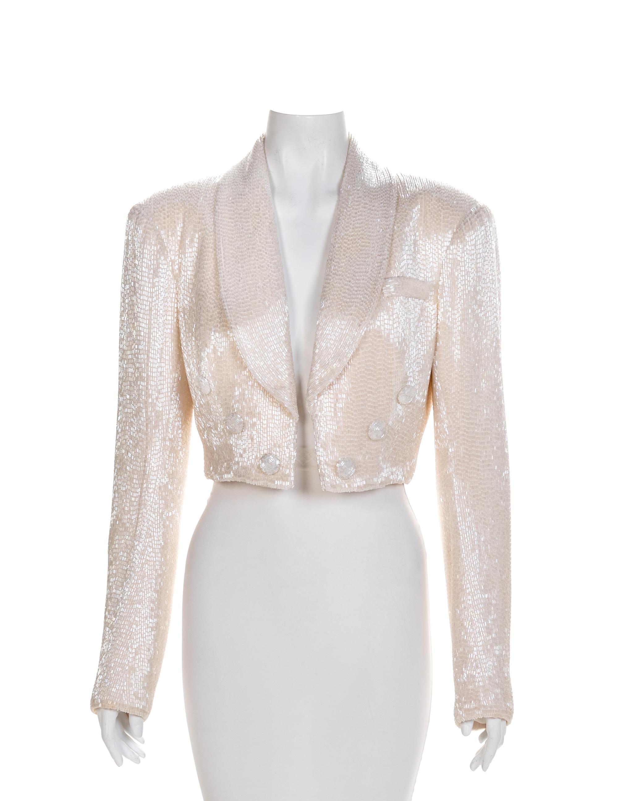 White Glass Beaded Cropped Tuxedo Jacket, 1980-90s No size label