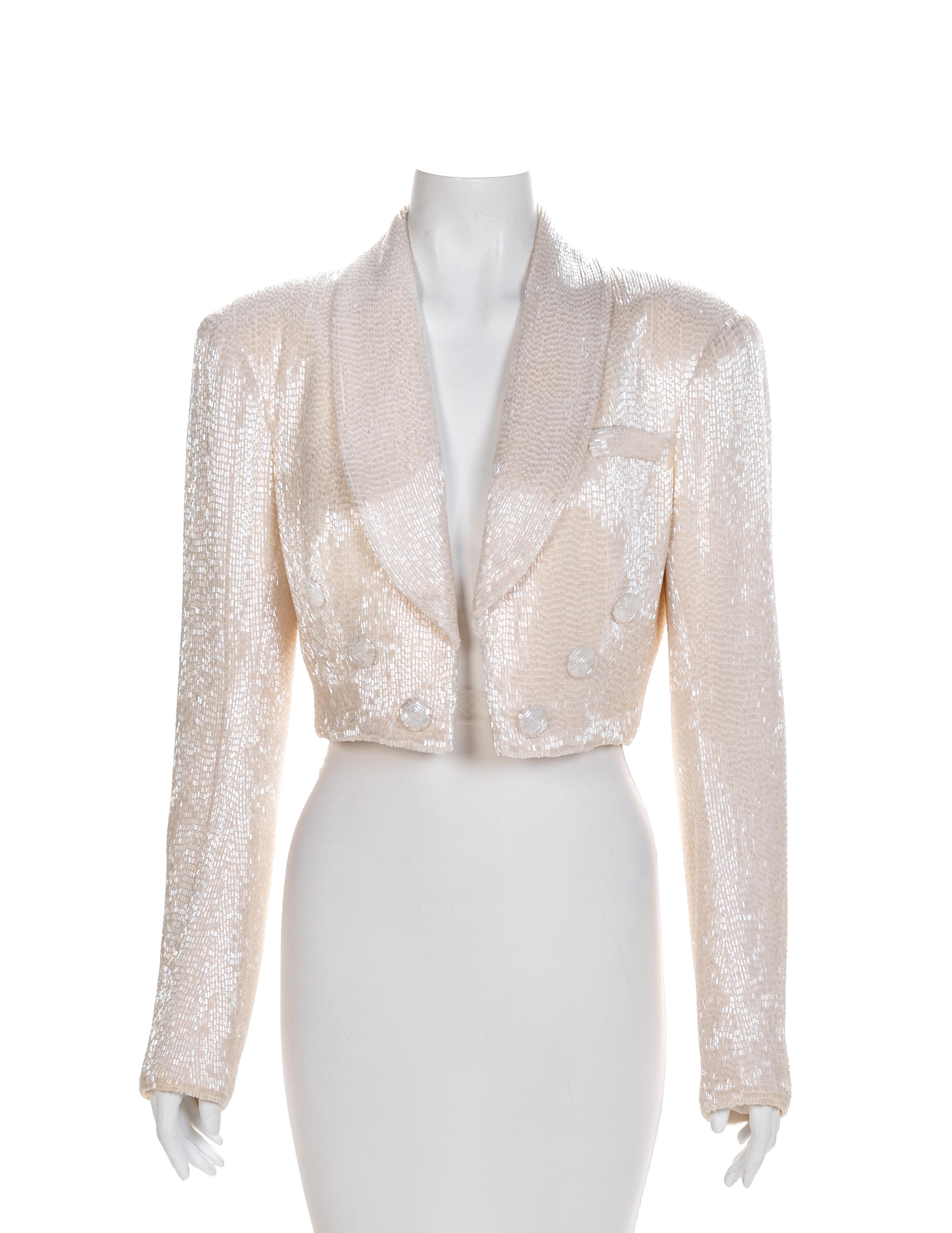 White Glass Beaded Cropped Tuxedo Jacket, 1980-90s No size label