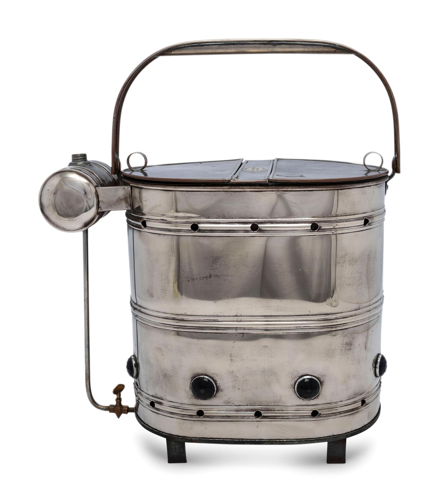 An American Nickel-Plated Copper Hotdog Vendor Steamer with Burner and Jewels