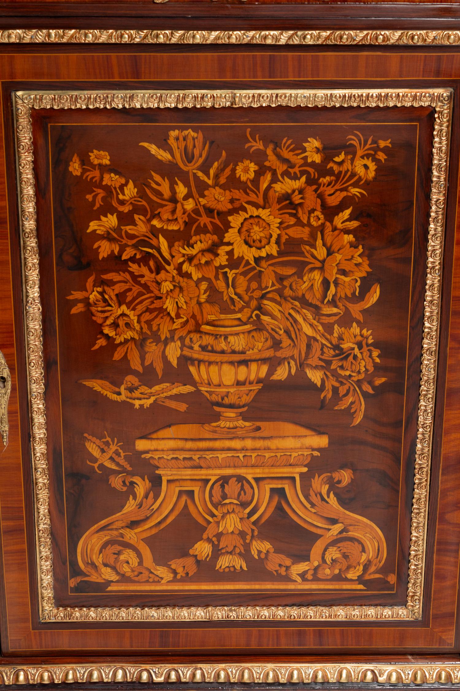 A Pair of Louis XVI Style Gilt Bronze Mounted Marquetry Marble-Top Cabinets