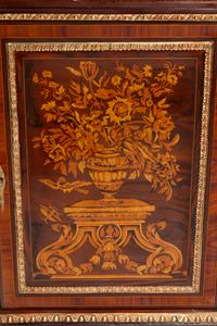 A Pair of Louis XVI Style Gilt Bronze Mounted Marquetry Marble-Top Cabinets