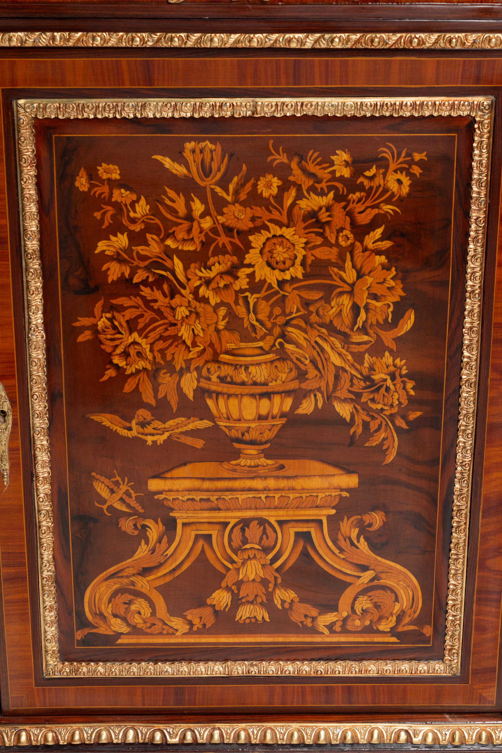 A Pair of Louis XVI Style Gilt Bronze Mounted Marquetry Marble-Top Cabinets