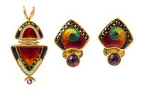 A Collection of 22 Karat, 18 Karat Yellow Gold, Amethyst and Polychrome Enamel Jewelry, 17.90 dwts.